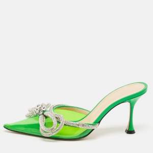 Pre Owned Mach & Mach Green PVC Crystal Embellished Double Bow Mules Size 37.5