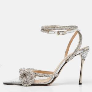 Mach & Mach Silver PVC Crystal Embellished Double Bow Pumps Size 39