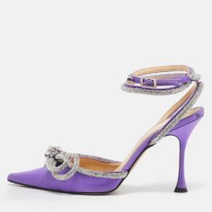 Pre Owned Mach & Mach Purple Satin Crystal Embellished Double Bow Pumps Size 39