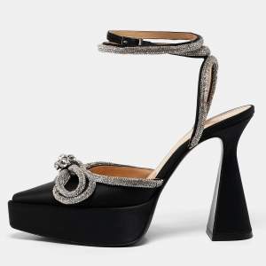 Mach & Mach Black Satin Double Bow Crystal Embellished Platform Pumps Size 39