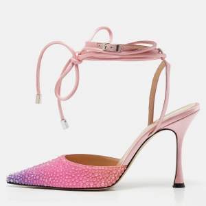 Mach & Mach Cream/Pink Satin Crystal Embellished Heart Pumps Size 39