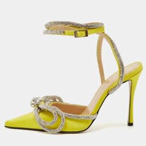 Pre Owned Mach & Mach Yellow Satin Double Bow Crystals Ankle Strap Pumps Size 37