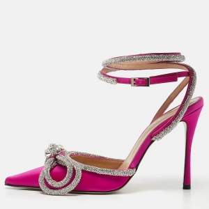 Pre Owned Mach & Mach Pink Satin Crystal Embellished Double Bow Pumps Size 37