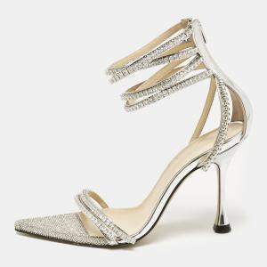 Mach & Mach Silver Leather Crystal Embellished Ankle Strap Sandals Size 36