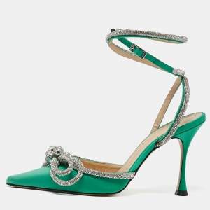 Pre Owned Mach & Mach Green Satin Double Bow Crystal Embellished Ankle Strap Pumps Size 39