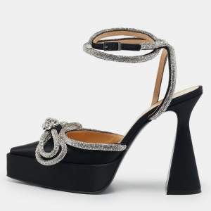 Mach & Mach Black Satin Double Bow Crystal Embellished Platform Pumps Size 39