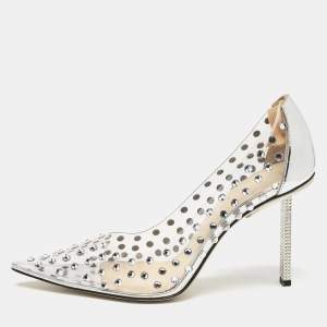 Pre Owned Mach & Mach Silver Patent Leather and PVC Fantasy Crystals Pumps Size 38.5