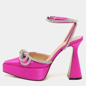 Mach & Mach Pink Satin Double Bow Crystal Embellished Platform Pumps Size 40
