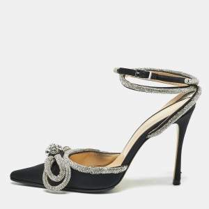 Mach & Mach Black Satin Double Bow Crystal Embellished Ankle Strap Pumps Size 39