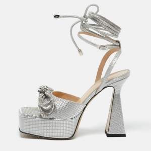Mach & Mach Silver Leather Double Bow Platform Block Heel Ankle Strap Sandals Size 38