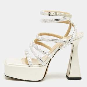 Mach & Mach White Satin Sydney  Embellished Platform Sandals Size 38.5