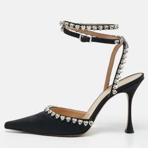 Mach & Mach Black Satin Heart Crystal Embellished Audrey Pumps Size 39