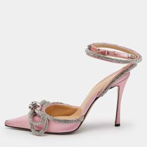 Mach & Mach Light Pink/Silver Satin Double Bow Crystal Embellished Pumps Size 38.5