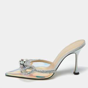 Mach & Mach Iridescent PVC Crystal Embellished Double Bow Mules Size 37