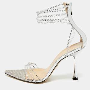 Pre Owned Mach & Mach Silver Leather and PVC Crystal Embellished Ankle Strap Sandals Size 39.5