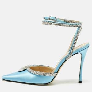 Pre Owned Mach & Mach Blue Satin Crystal Heart Heel Embellished Ankle Strap Pumps Size 38.5