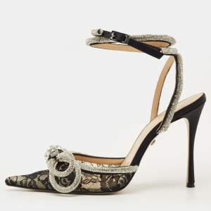 مملوكة مسبقًا Mach & Mach Double Bow Size 38 Black Lace Crystal Embellished Ankle Wrap Pumps