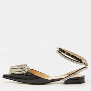 مملوكة مسبقًا Mach & Mach Triple Heart Size 37 Black Patent Leather Crystal Embellished Ankle Wrap Flats