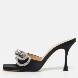 Pre Owned Mach & Mach Double Bow Size 37.5 Black Satin Slide Sandals