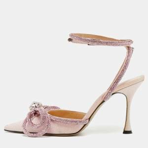 مملوكة مسبقًا Mach & Mach Double Bow Size 38 Pink Glitter Ankle Strap Pumps