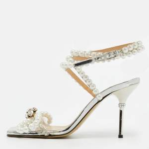 Pre Owned Mach & Mach Size 39 Silver Leather Crystals Faux Pearls Embellished Ankle Wrap Sandals