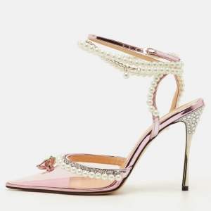 Pre Owned Mach & Mach Diamond of Elizabeth Imitation Pearl Size 38 Pink Patent Leather and PVC Pumps