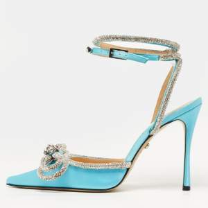 Pre Owned Mach & Mach Double Bow Size 38 Blue Satin Crystal Embellished Ankle Wrap Pumps
