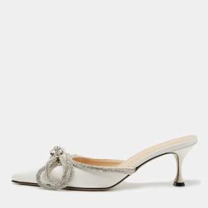 Pre Owned Mach & Mach White Satin Bow Embellished Pointed Toe Mule Sandals Size 39