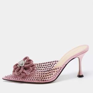 Pre Owned Mach & Mach Pink PVC and Satin Crystal Flower Pointed Toe Carrie Mules Size 37.5
