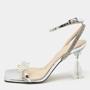 Pre Owned Mach & Mach Silver/Transparent PVC and Leather Crystal Embellished Ankle Strap Sandals Size 39