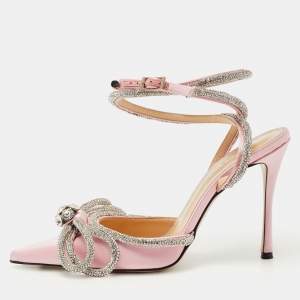 Pre Owned Mach & Mach Pink Satin Crystal Embellished Ankle Strap Sandals Size 37