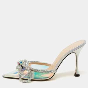 Pre Owned Mach & Mach Multicolor PVC Crystal Embellished Double Bow Slide Mules Size 37