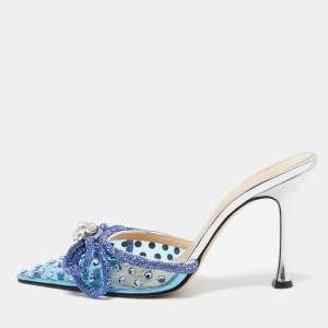 Pre Owned Mach & Mach Blue Studded PVC Crystal Embellished Double Bow Mules Size 39