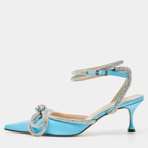 Pre Owned Mach & Mach Blue Satin Crystal Bow Ankle Wrap Pumps Size 40.5