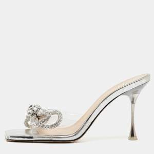 Pre Owned Mach & Mach Silver PVC Crystal Embellished Slide Sandals Size 38