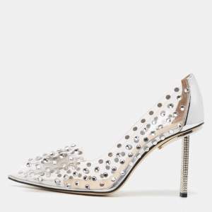 Pre Owned Mach & Mach Silver/Transparent PVC and Leather Crystal Embellished Pumps Size 37