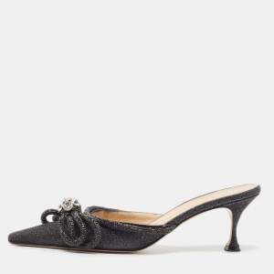 Pre Owned Mach & Mach Black Glitter Crystal Embellished Double Bow Mules Size 39