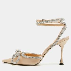 Pre Owned Mach & Mach Beige Satin Crystal Embellished Double Bow Ankle Wrap Pumps Size 38