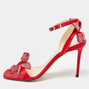 Pre Owned Mach & Mach Red Satin Tulip Crystals Ankle Strap Sandals Size 39