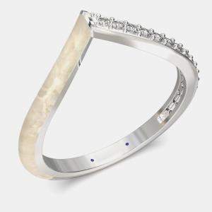 Pre Owned Pearly White Ceramic Chevron Style Sterling Silver Lab Grown Diamond Ring  US 7