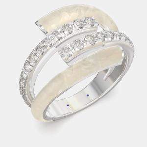 Pearl White Ceramic Sterling Silver Lab Grown Diamond Bypass Single Row Accented Ring US 7