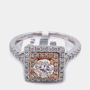 Pre Owned 14K Rose gold/ White gold Round Cut Square Shaped Double Halo Ring (1.0Ctw)