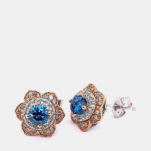 14K Rose Gold/White Gold Round Cut Blue And White Flower Stud Earrings (1.0ctw)