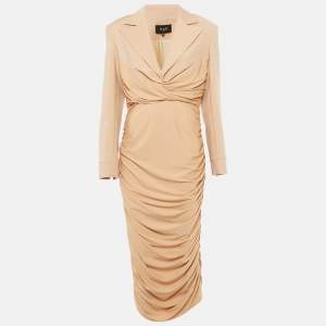 Pre Owned Mae Beige Wool Blend and Jersey Ruched Fatal Midi Dress L