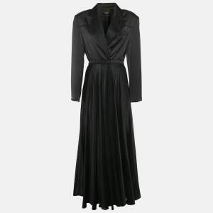 Pre Owned Mae Black Satin Double Breasted Plisse Maxi Dress XL