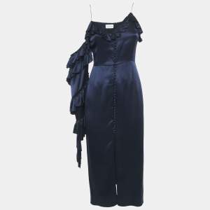 Magda Butrym Navy Blue satin Silk Ruffled Asymmetric Sleeve Midi Dress S