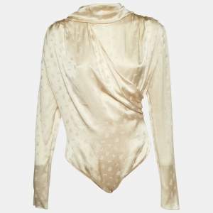 Magda Butrym Cream Floral Jacquard Silk Favara Draped Bodysuit M