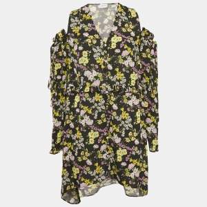 Magda Butrym Black Floral Print Silk Cold-Shoulder Short Dress S