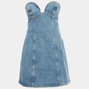 Pre Owned Magda Butrym Blue Denim Strapless Mini Dress S