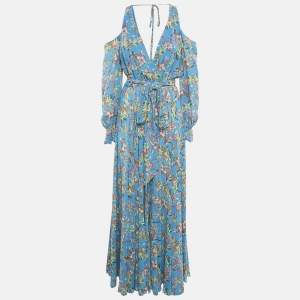 Maison D'Angelann Blue Floral Print Chiffon Maxi Dress S